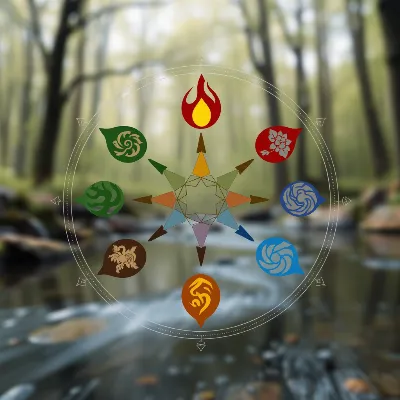 An artistic diagram illustrating the Five Elements (Wood, Fire, Earth, Metal, Water) with their corresponding colors and symbols, set against a calming, natural background.