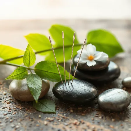 Acupuncture needles with natural elements like leaves and stones, symbolizing harmony and healing