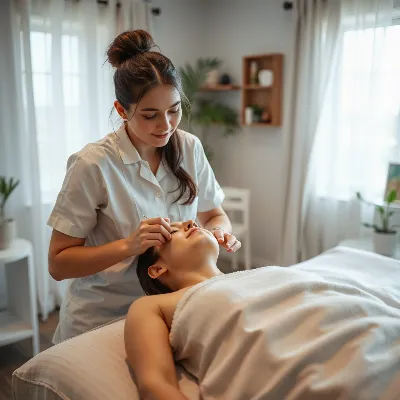 A serene image of a patient receiving acupuncture with a caring practitioner, emphasizing personalized holistic care in a calm setting.
