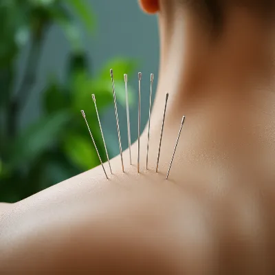 Acupuncture needles in a person's back with a subtle green leaf pattern in the background, symbolizing nature's healing